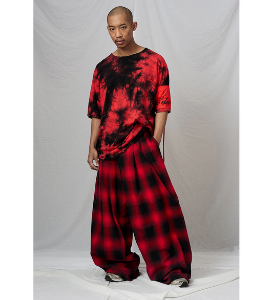 CHECK PLEATED PANTS RED/BLACK