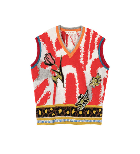 V NECK FLOWER KNIT VEST RED