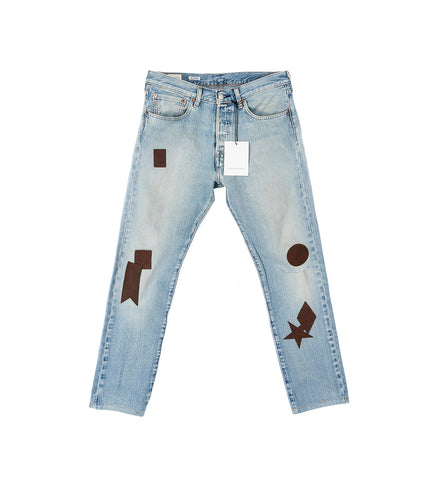 BROWN PATCH VINTAGE BLUE JEANS BLUE/BROWN BROWN PATCH VINTAGE BLUE JEANS BLUE/BROWN