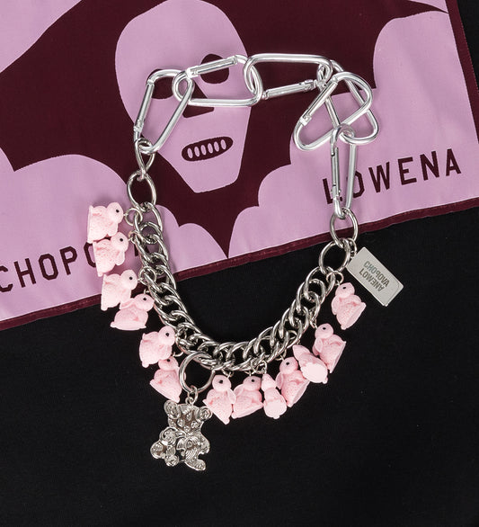 BUN BEAR CARABINER NECKLACE PINK SILVER