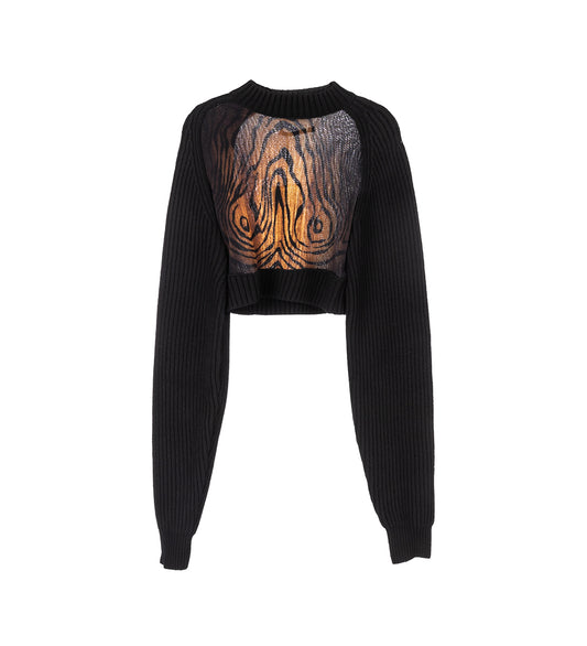 LAMBSWOOL RIBBED LONG SLEEVES CROPPED SWEATER WITH PRINTED MESH CUT OUT DETAILS BLACK/BROWN