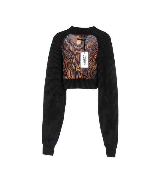 LAMBSWOOL RIBBED LONG SLEEVES CROPPED SWEATER WITH PRINTED MESH CUT OUT DETAILS BLACK/BROWN