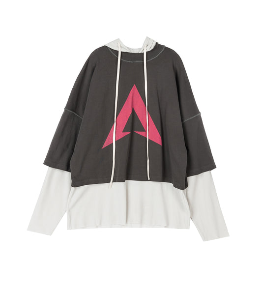 HOODED TEE OVERLAPPED 2 TONES WASHED GREY OFF-WHITE