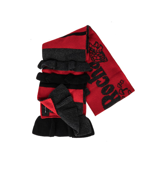 RUFFLE LOGO KNIT SCARF W/DAISY EMB.  CHARCOAL/RED/BLACK