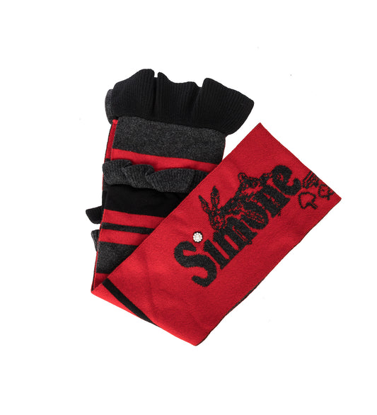 RUFFLE LOGO KNIT SCARF W/DAISY EMB.  CHARCOAL/RED/BLACK