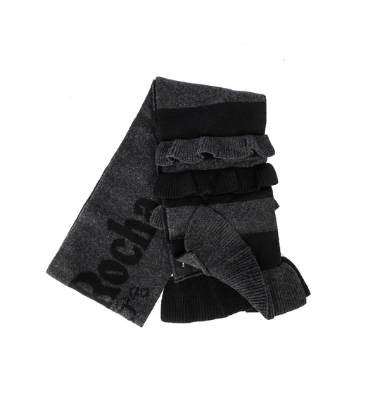 RUFFLE LOGO KNIT SCARF W/DAISY EMB. BLACK/CHARCOAL