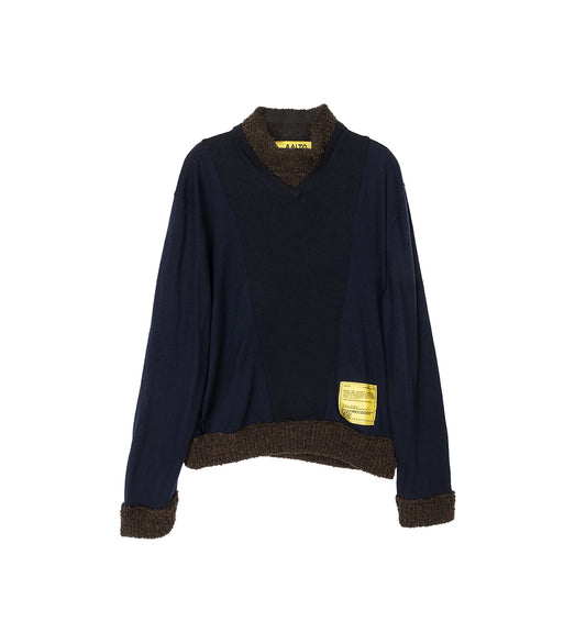 RECODED BY AALTO KNIT PATCHWORK MOCK NECK NAVY