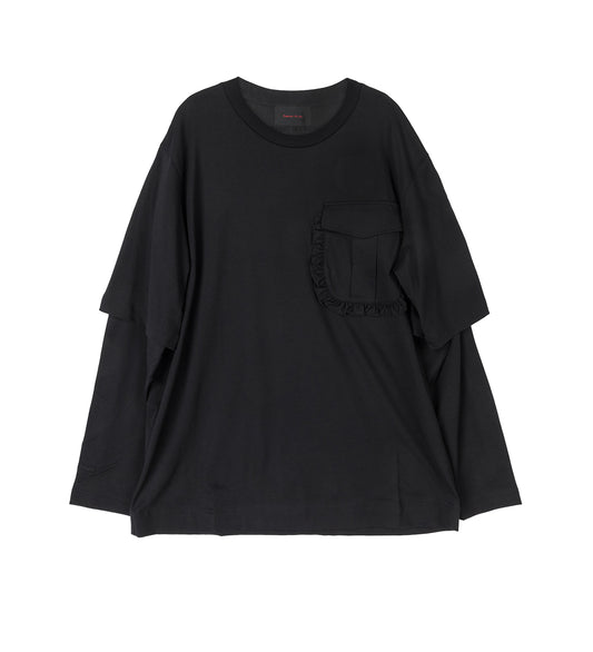 RUFFLE POCKET LONG SLEEVE LAYERED T-SHIRT BLACK