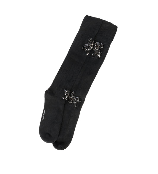 PEARL AND CRYSTAL ROSE KNEE SOCK BLACK/JET