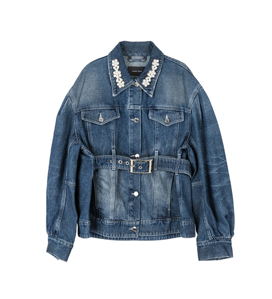SCULPTED BELT DETAIL DENIM JACKET DISTRESSED BLUE/PEARL