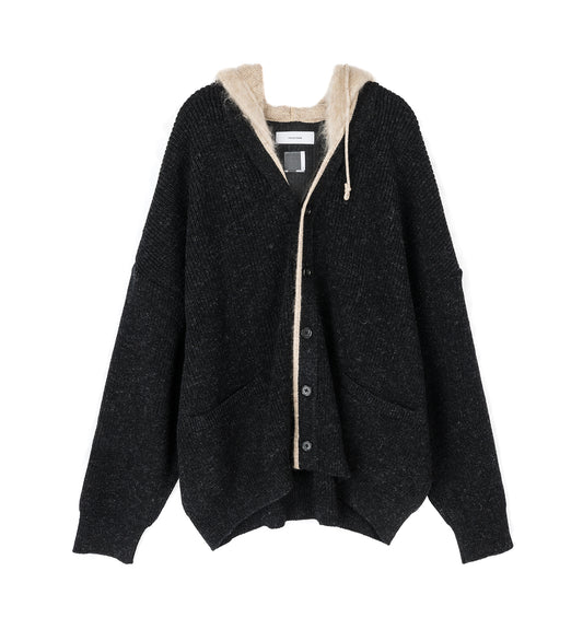 HOODED CARDIGAN BLACKxBEIGE