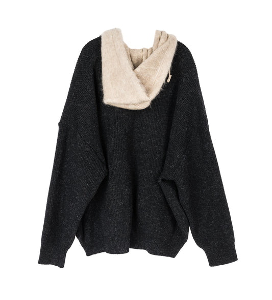 HOODED CARDIGAN BLACKxBEIGE