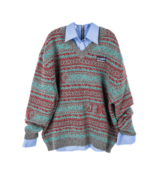 KAIRALL V NECK KNITTED SWEATER WITH SHIRT MULTI COLOUR