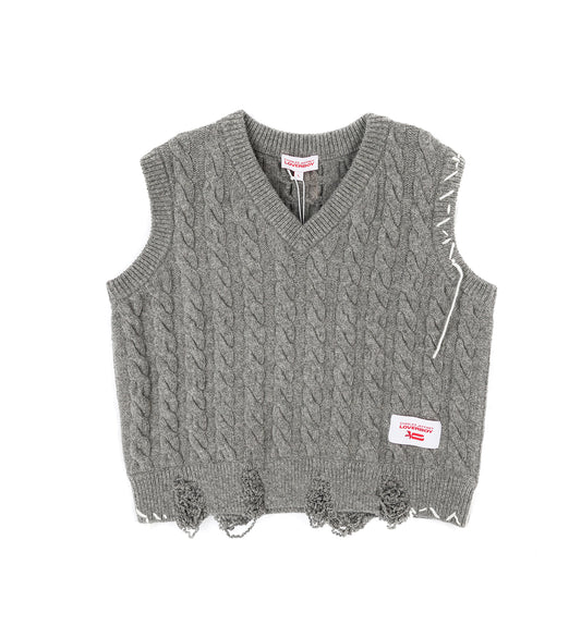 LABEL CABLE KNITTED VEST GREY