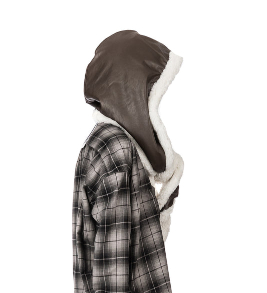 WIRE LEATHER SHEARLING HOOD BROWN/OFF WHITE