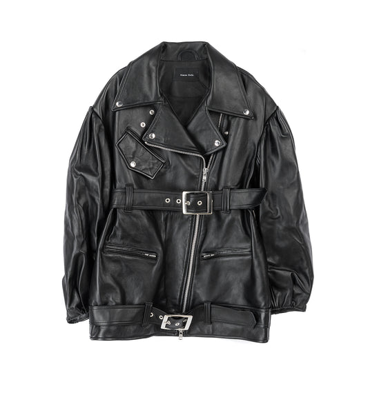 PUFF SLEEVE MULTI BELT BIKER JACKET BLACK