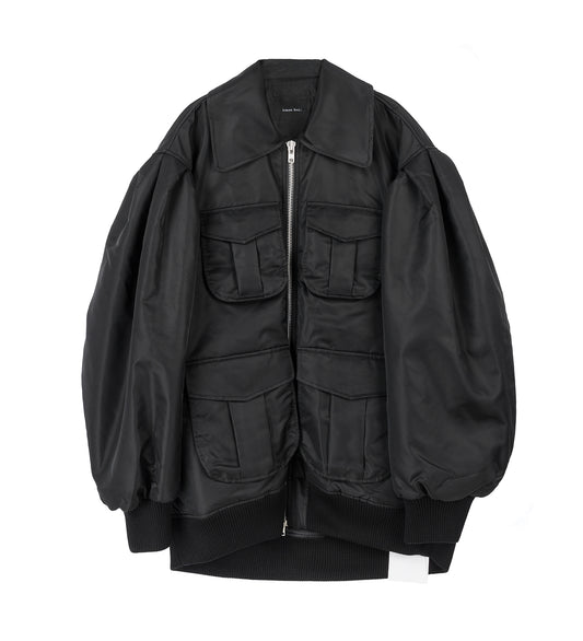 PUFF SLEEVE MULTI POCKET BOMBER JACKET BLACK