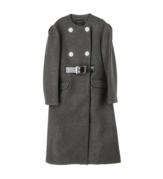 BELTED LONG SCULPTED COAT W/PEARL BUTTONS CHARCOAL/PEARL