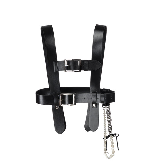 LEATHER MULTI BELT HARNESS W/PEARL CHAIN BLACK/SILVER