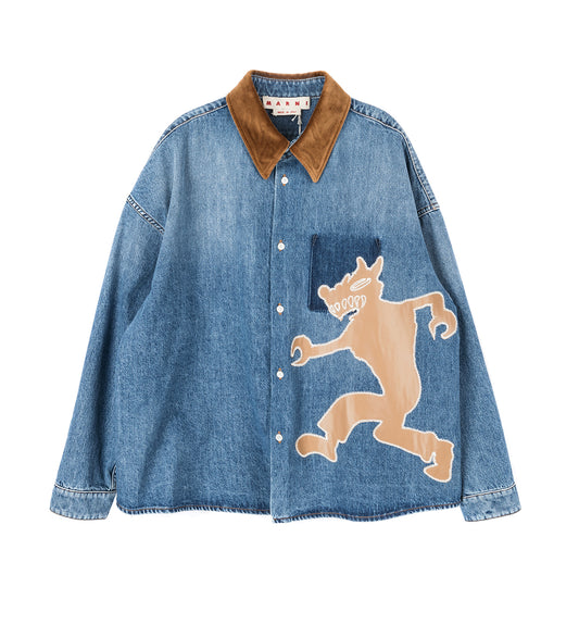 DENIM TRUCKER JACKET WITH PATCH ON BACK BLUE