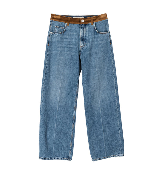 VELVET WAISTBAND DENIM TROUSERS WITH PATCH BLUE