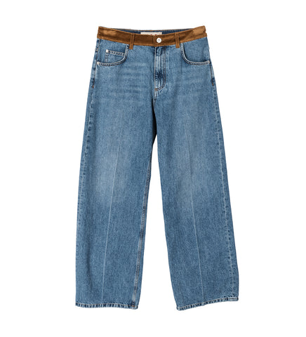 VELVET WAISTBAND DENIM TROUSERS WITH PATCH BLUE VELVET WAISTBAND DENIM TROUSERS WITH PATCH BLUE
