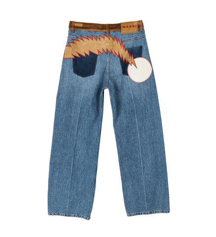 VELVET WAISTBAND DENIM TROUSERS WITH PATCH BLUE VELVET WAISTBAND DENIM TROUSERS WITH PATCH BLUE