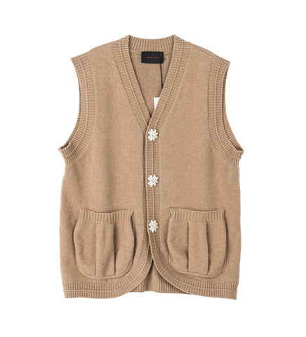 KNIT VEST W/ PEARL BUTTONS CAMEL/PEARL KNIT VEST W/ PEARL BUTTONS CAMEL/PEARL