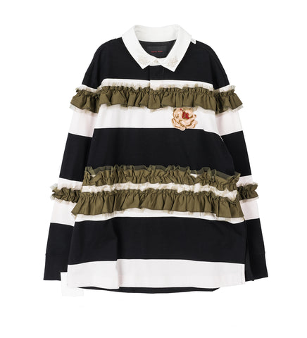 RUFFLE RUGBY SHIRT W/ TURBO EMB BLACK MULTI/PEARL/ROSE RUFFLE RUGBY SHIRT W/ TURBO EMB BLACK MULTI/PEARL/ROSE