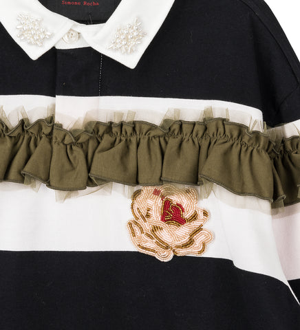 RUFFLE RUGBY SHIRT W/ TURBO EMB BLACK MULTI/PEARL/ROSE RUFFLE RUGBY SHIRT W/ TURBO EMB BLACK MULTI/PEARL/ROSE