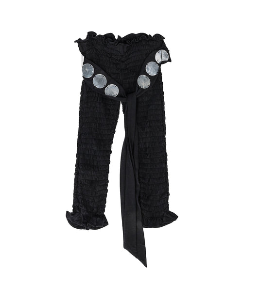 BAMBOO JERSEY SHIRRED CAPRI WITH MOP PAILETTE BELT BLACK