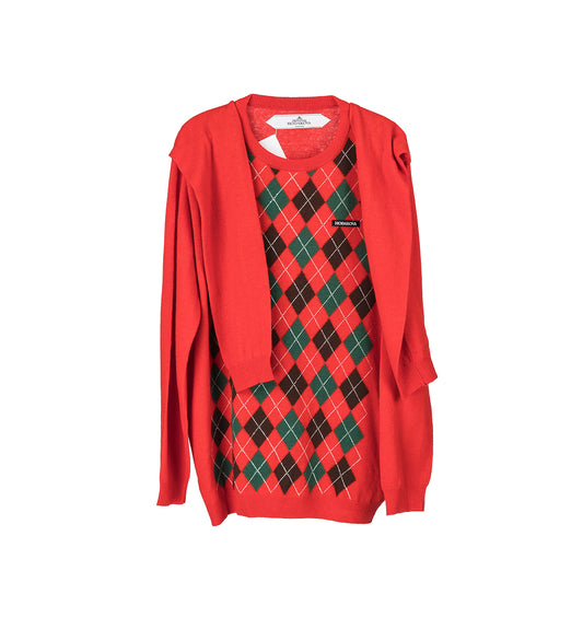 DOUBLE SLEEVE SWEATER RED ARGYLE
