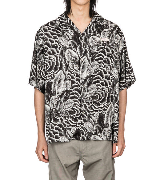 4SDESIGNS WIDE CAMP SHIRT BLACK CAMELIA PRINTED