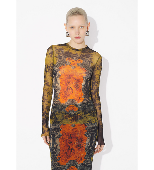 THE MEDAILLON MESH LONGSLEEVE TOP BLACK/KHAKI/ORANGE