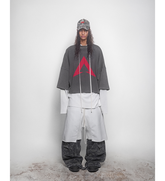 HOODED TEE OVERLAPPED 2 TONES WASHED GREY OFF-WHITE