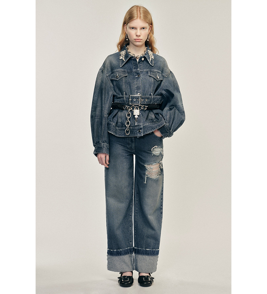 DISTRESSED STRAIGHT LEG JEANS BLUE/PEARL/CLEAR
