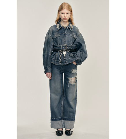 DISTRESSED STRAIGHT LEG JEANS BLUE/PEARL/CLEAR DISTRESSED STRAIGHT LEG JEANS BLUE/PEARL/CLEAR