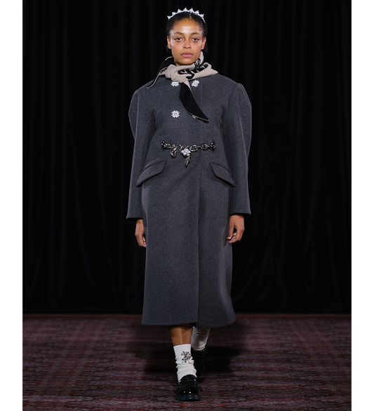 BELTED LONG SCULPTED COAT W/PEARL BUTTONS CHARCOAL/PEARL