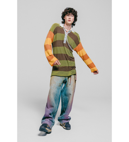 OVERSIZED ILLUSION KNIT POLO DRESS CHARTREUSE/BROWN/ORANGE