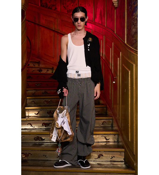 STACKED PANTS GREEN STRIPED/BEIGE