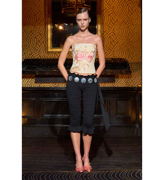 BAMBOO JERSEY SHIRRED CAPRI WITH MOP PAILETTE BELT BLACK