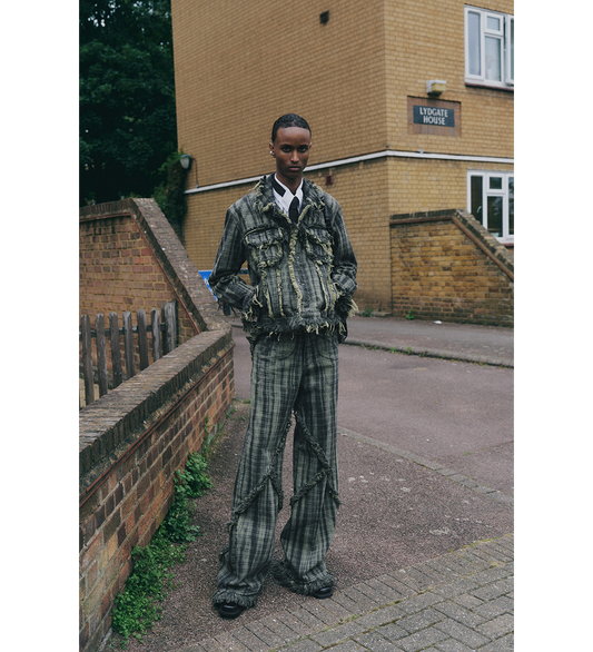 RAW EDGES DENIM JACKET TARTAN