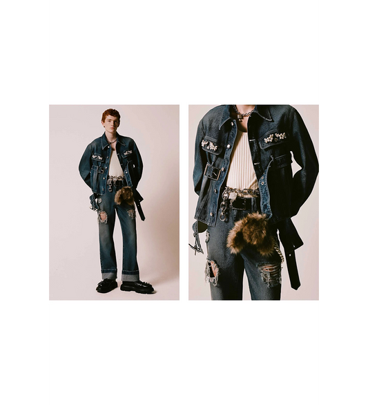 MULTI BELT WAIST TAIL DENIM TRUCKER JACKET DISTRESSED BLUE/PEARL