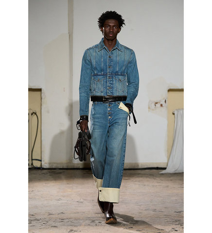 LEATHER STRAP DENIM JACKET SEMI WASHED DENIM