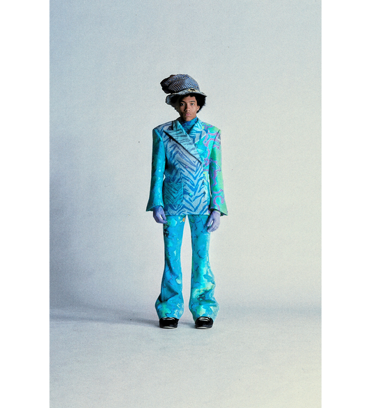 BACK VENT STRAIGHT LEG TROUSERS BLUE GREEN