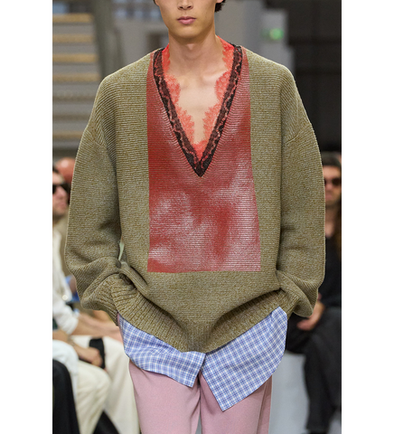 LACE TRIM V NECK JUMPER COBBLESTONE/RED