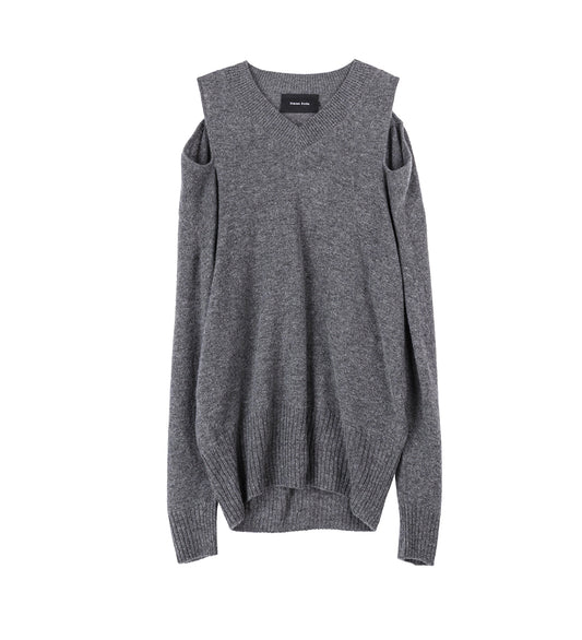 RELAXED CASHMERE SLASH V-NECK JUMPER W/ EMB GREY/PEARL/CLEAR
