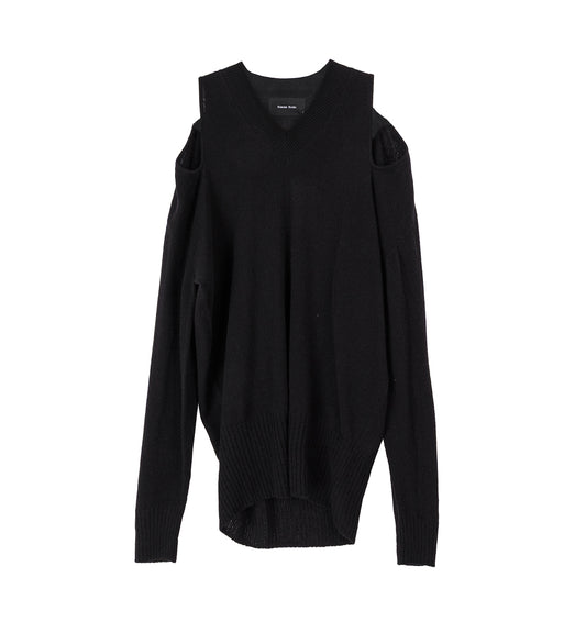 RELAXED CASHMERE SLASH V-NECK JUMPER W/ EMB BLACK/JET