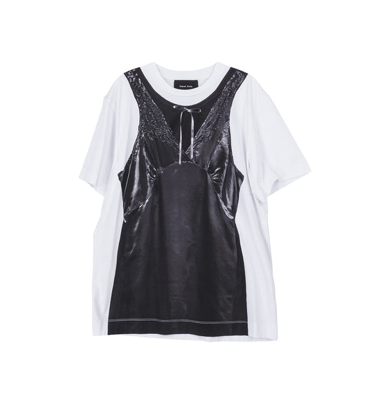 PATCHWORK SATIN TROMPE L'OEIL PRINT T-SHIRT WHITE/BLACK