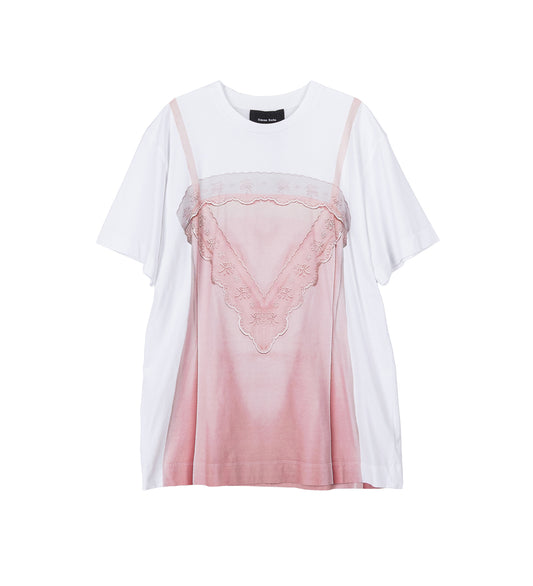 SATIN SLIP DRESS TROMPE L'OEIL PRINT T-SHIRT WHITE/SOFT PINK